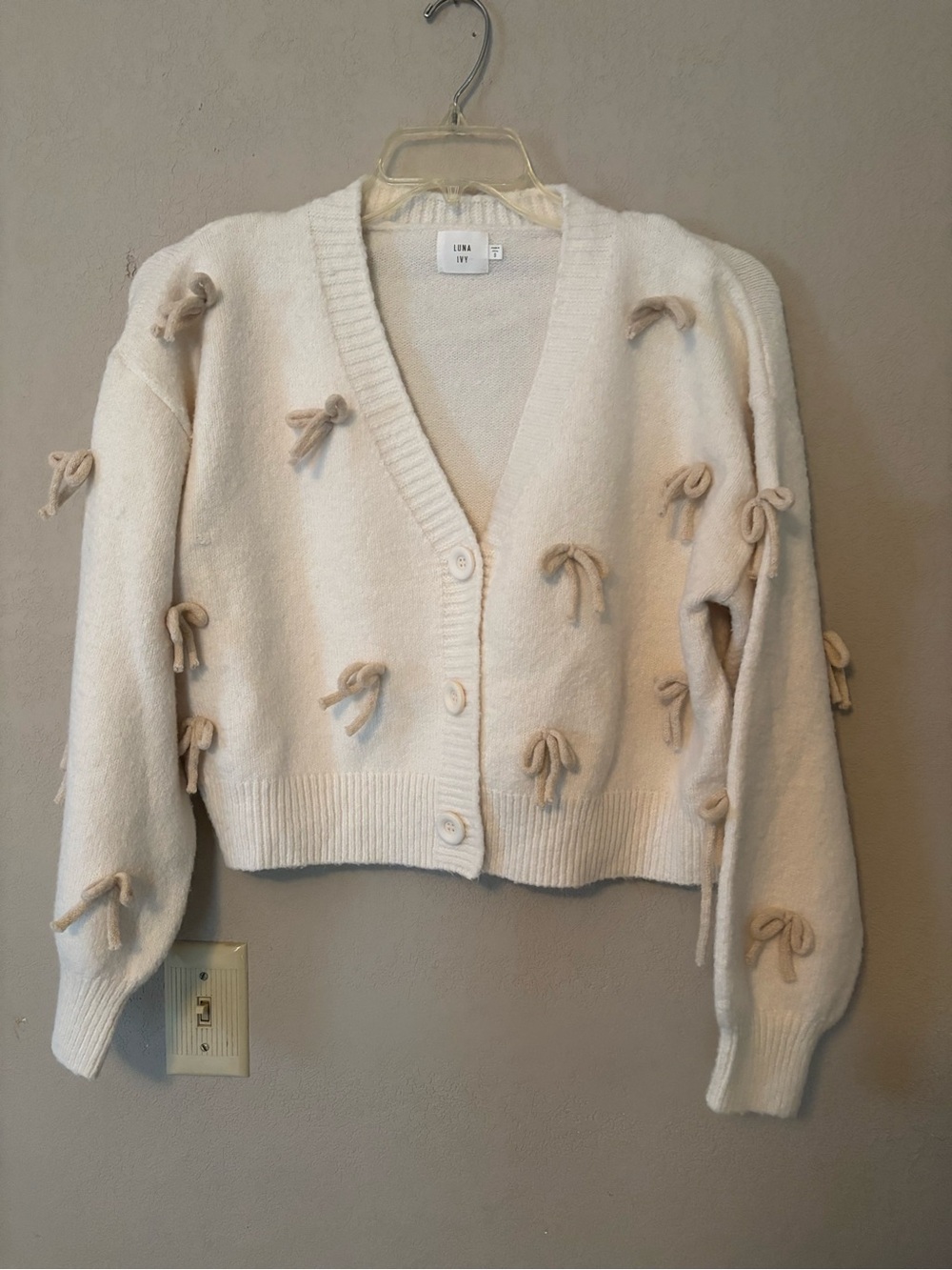 Luna Ivy Cream Bow-Appliqué V-Neck Cardigan